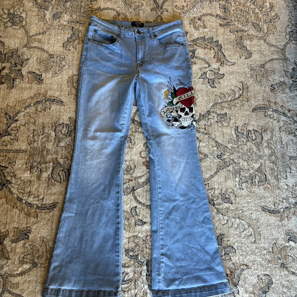 Ed Hardy Fit And Flare Heart & Skull Love Kills Slowly Blue Jeans Size 30 - Picture 6 of 12